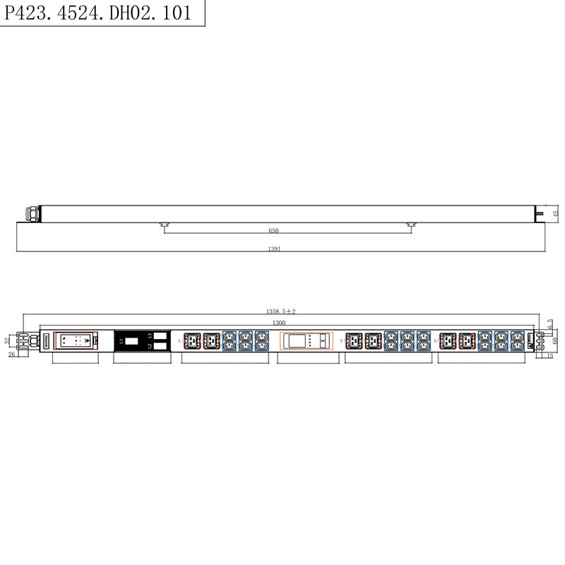 24 Cawangan 3 fasa IEC C13 & C19 Soket berkunci 1.5U Pemutus Litar Magnetik Cecair Menegak Panas boleh tukar RS485 Rak bermeter PDU