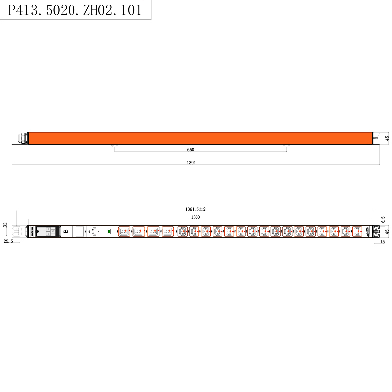 20 Outlet IEC C13 IEC C19 boleh dikunci Soket 1U Penunjuk boleh tukar panas Menegak RS485 Rak Bermeter PDU